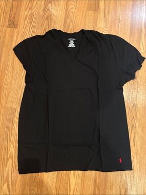 Ralph Lauren Black V-Neck Tee with Red Pony Embroidery
